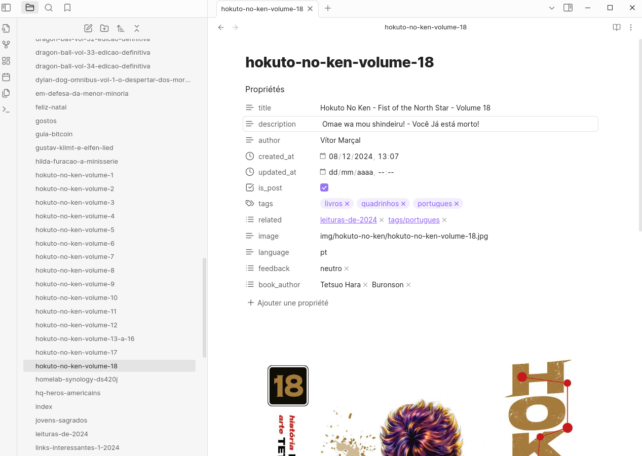 Tela do meu editor Obsidian mostrando um arquivo Markdown - a publicação Hokuto no Ken Volume 18, disponível neste blogue. É possível ver todos metadados do arquivo