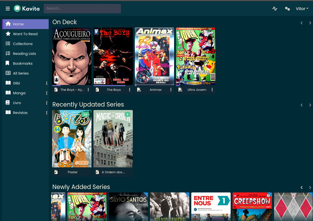 Tela inicial do Kavita com conteúdo da minha coleção de quadrinhos