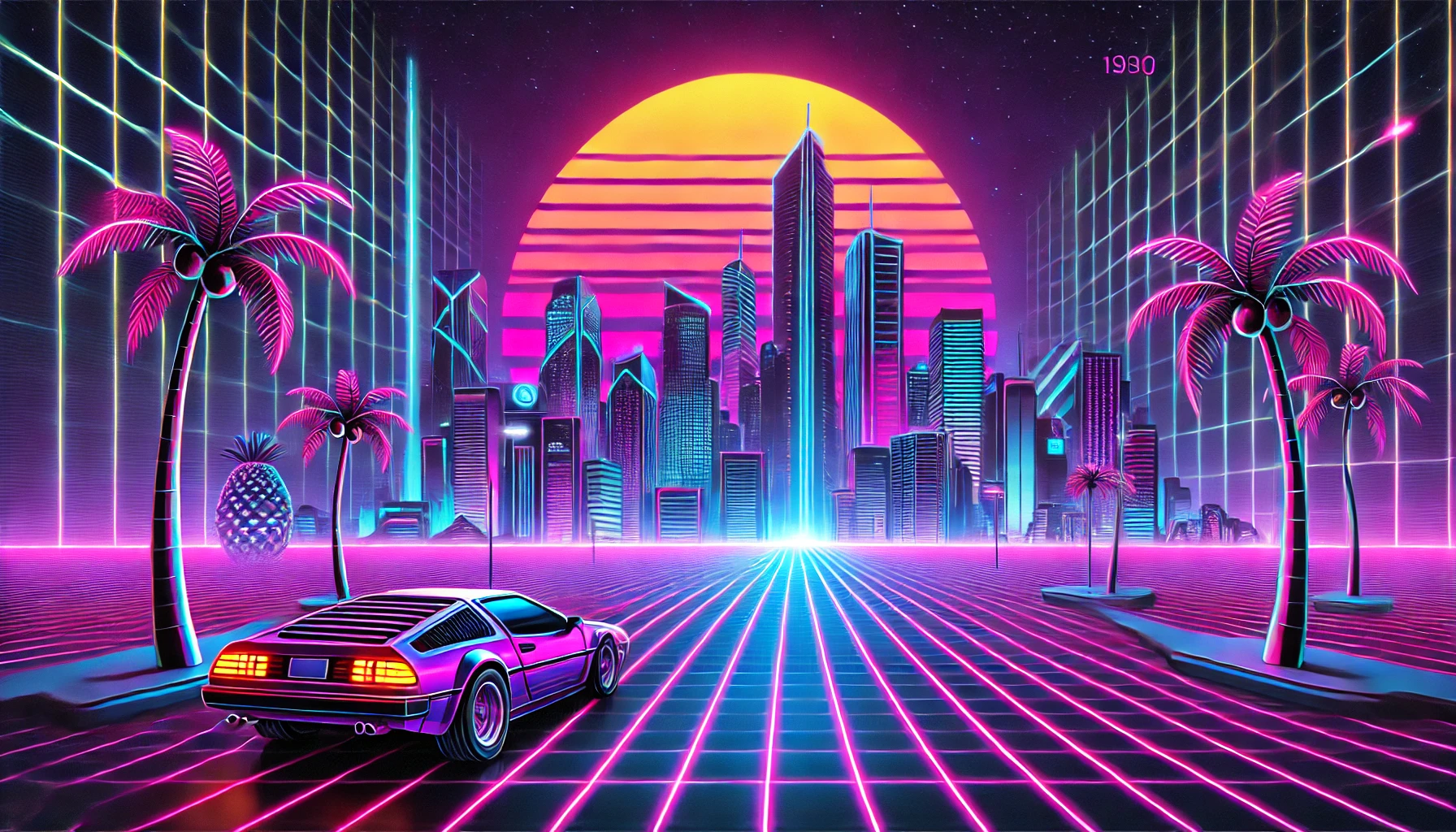 Aqui está uma imagem que captura a essência do estilo Synthwave, com uma cidade futurista cheia de luzes neon, um carro esportivo estiloso e uma atmosfera vibrante inspirada nos anos 80. 🚗✨